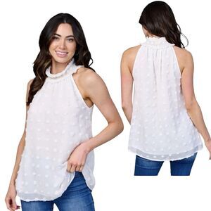 Vine & Love Sleeveless Lined Swiss Dot Smocked Halter Top Off White